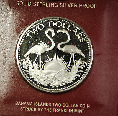 1975 Bahamas $2 Sterling Silver Proof Flamingo Coin Original Box COA Included