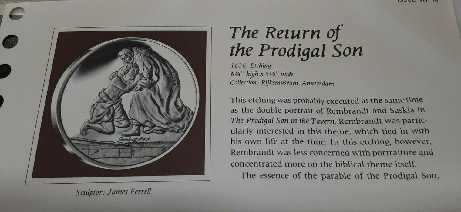 Franklin Mint Genius/Rembrandt PR .925 Silver Medal-Return/Prodigal Son in Card