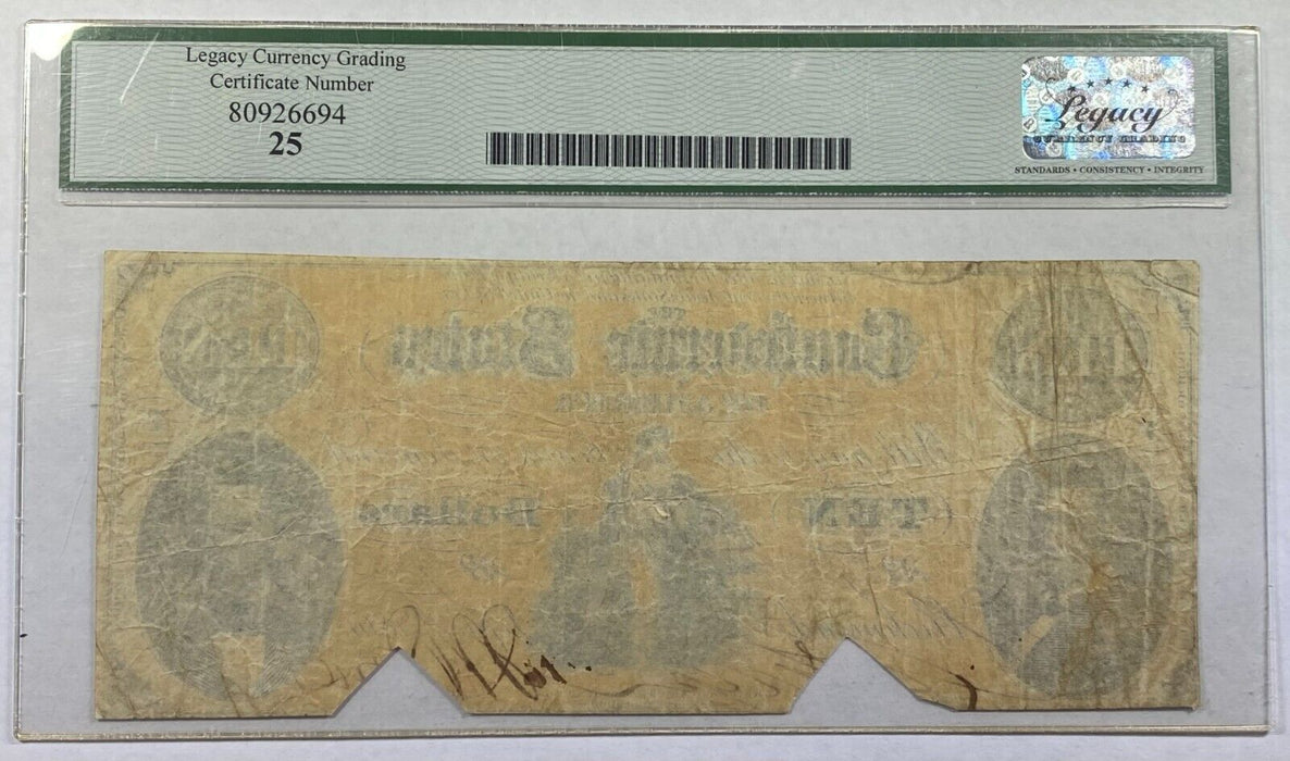 1861 $10 Ten Dollar Bill Confederate Note T-25 Legacy Very Fine 25 Cut Cancelled