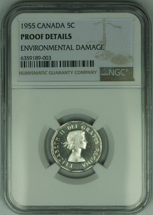 1955 Canada 5 Cent Coin NGC Proof Details-Environmental Damage