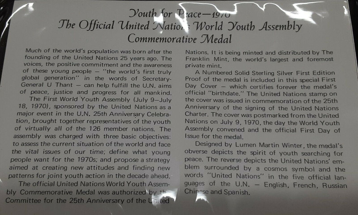 Franklin Mint UN World Youth Assembly Sterling Silver Medal in FDC & Folder