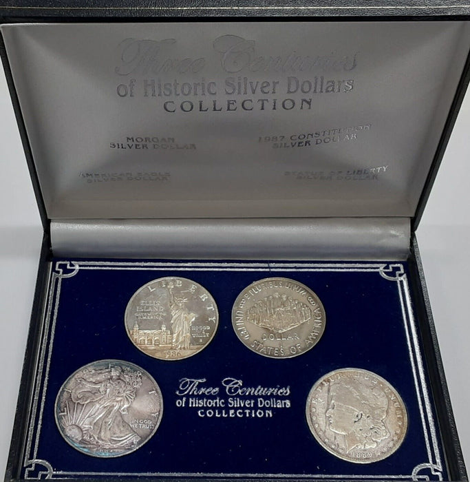 Three Centuries of US Silver $ - 4 Coin Set w/Morgan, Commem & ASE Circ. in Case
