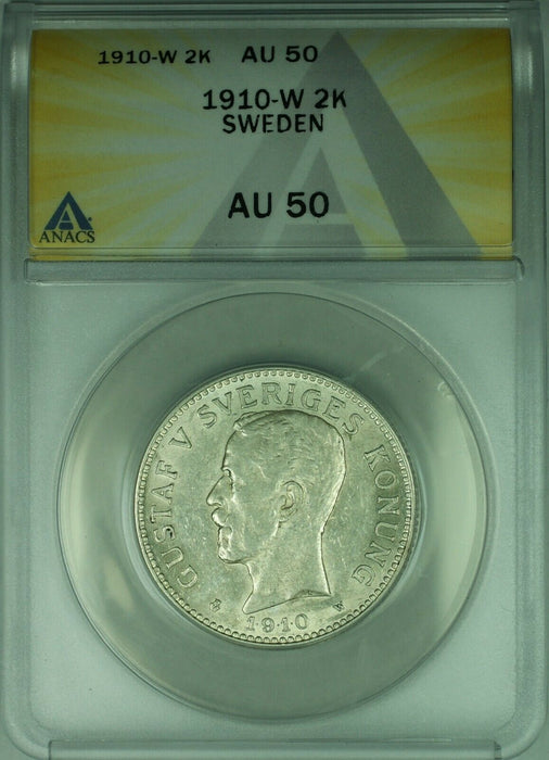 1910-W Sweden 2 Kronor Silver Coin ANACS AU-50