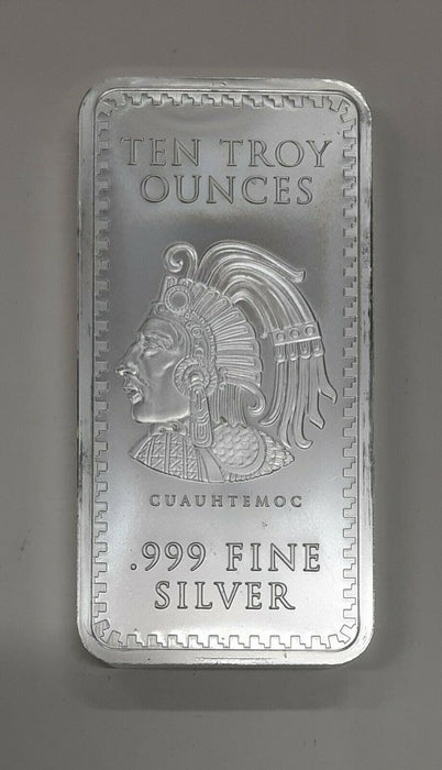 Cuauhtemoc Design 10 Troy Ounce .999 Fine Silver Bar - See Photos