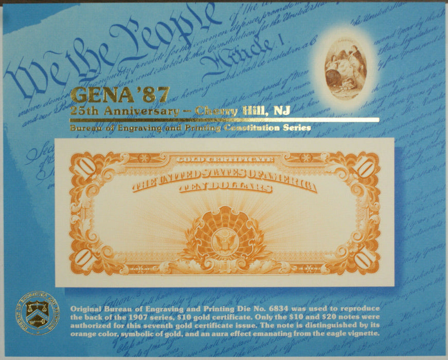 BEP Souvenir Card B 108 1987 GENA 1907 $10 Back Gold Certificate