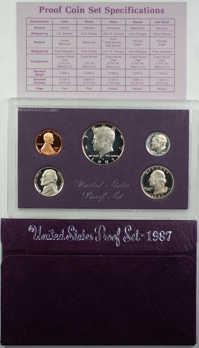 1987-S US Mint Clad Gem Proof Set 5 Coins with Original Mint Box and COA