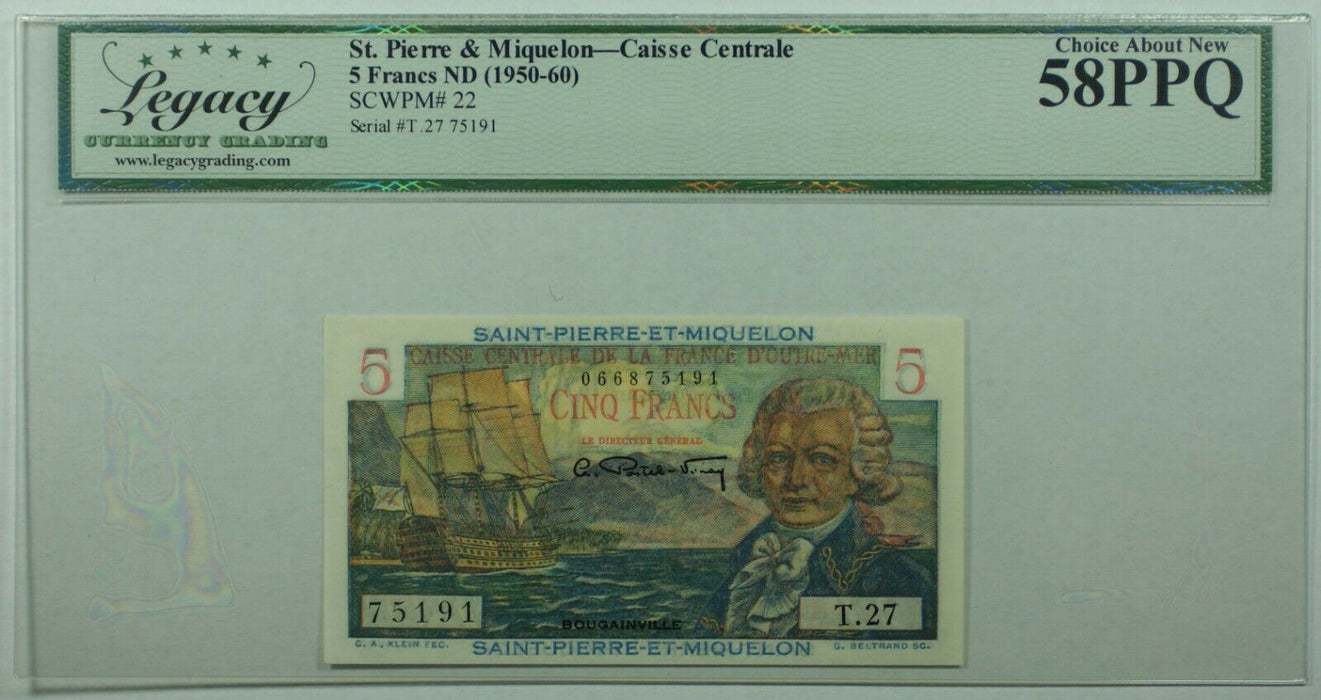 1950-60 St. Pierre & Miquelon 5 Francs Note SCWPM#22 Legacy Ch Abt New-58 PPQ