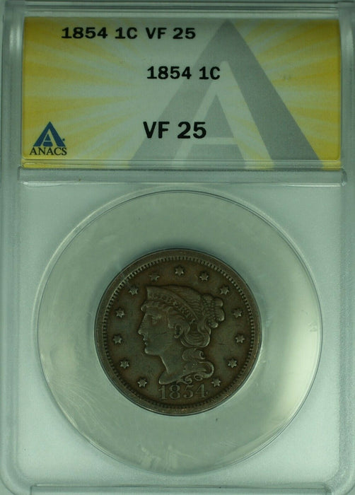 1854 Braided Hair Large Cent 1c Coin ANACS VF-25 (38)