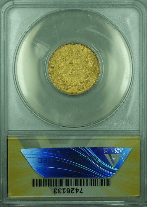 1853-A France 20 Francs Gold Coin of Napoleon III ANACS EF-45