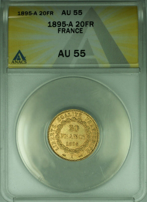 1895-A France 20 Francs Gold Angel Coin ANACS AU-55