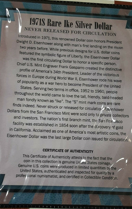 1971-S Eisenhower 40% Silver Dollar $1 Coin UNC in Info Book