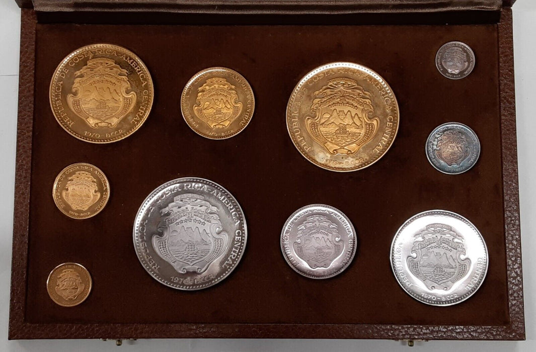1970 Costa Rica Gold and Silver 10 Coin Proof Set in Original Case (MK)