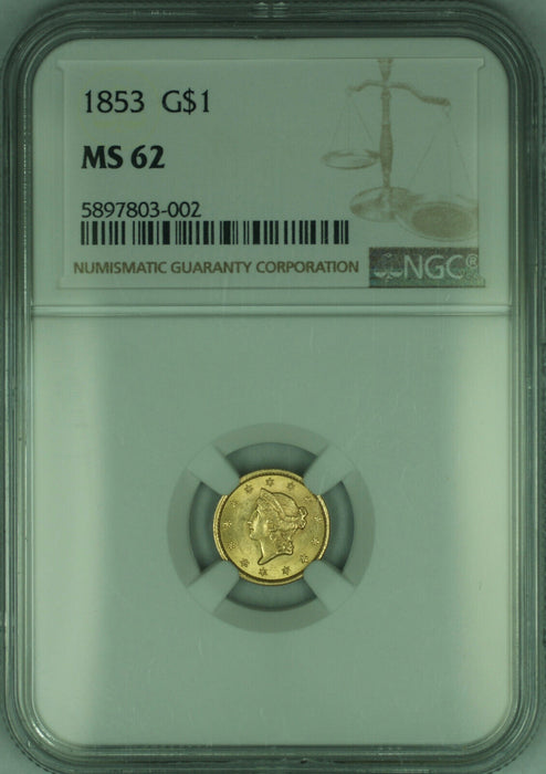 1853 Gold One Dollar $1 Coin NGC MS-62