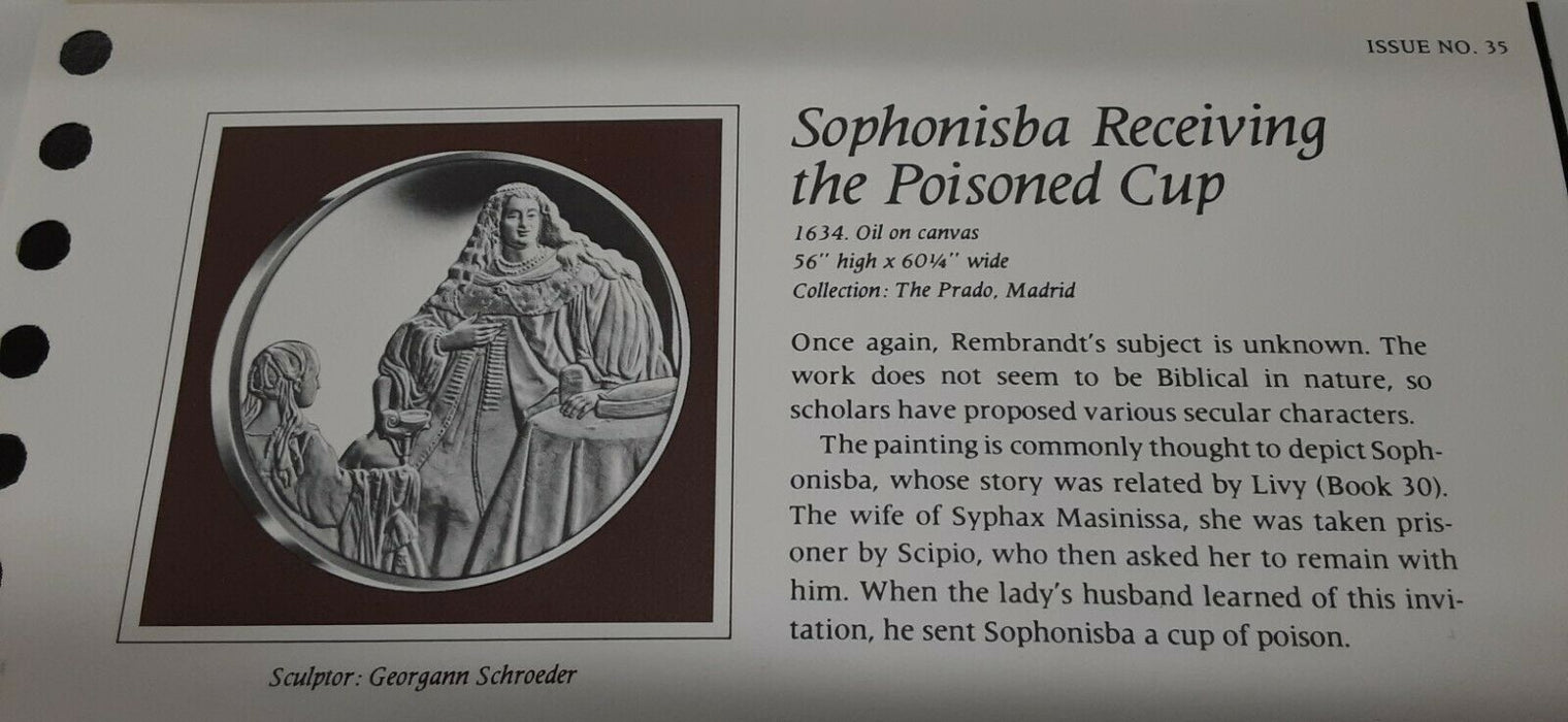 Franklin Mint Genius/Rembrandt PR .925 Silver Medal-Sophonisba/Poisoned in Card