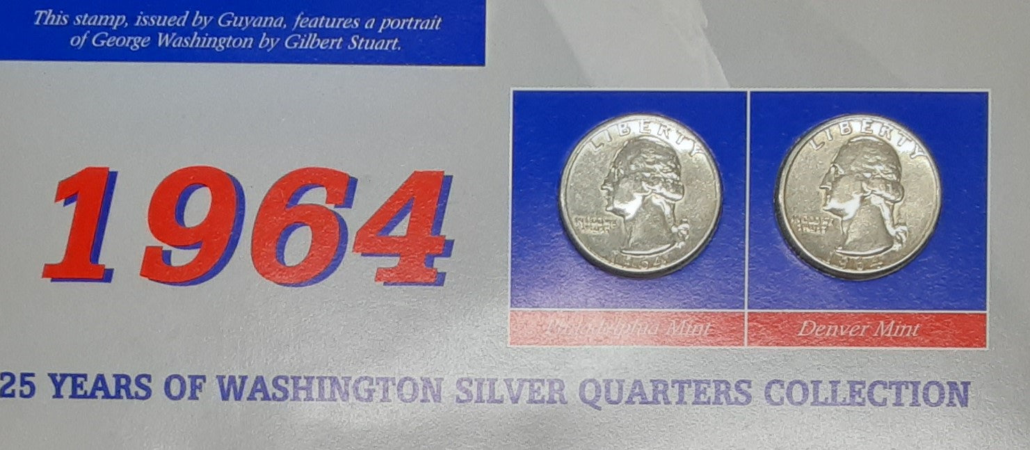 1962 P & D Washington Silver Quarter Two Coin Circulated Set $60 Guyana Stamp