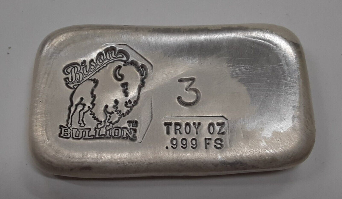 Bison Bullion 3 Troy Oz .999 Fine Silver Poured Ingot/Bison Design