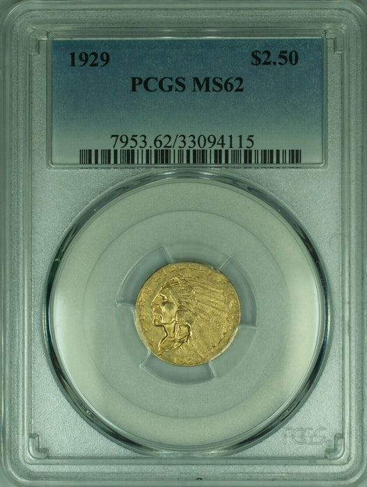 1929 Indian $2.50 Quarter Eagle Gold Coin PCGS MS-62