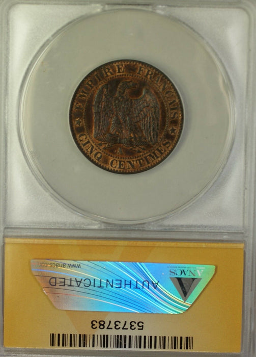 1855-A France 5C Bronze Coin ANACS MS-63 Red Brown