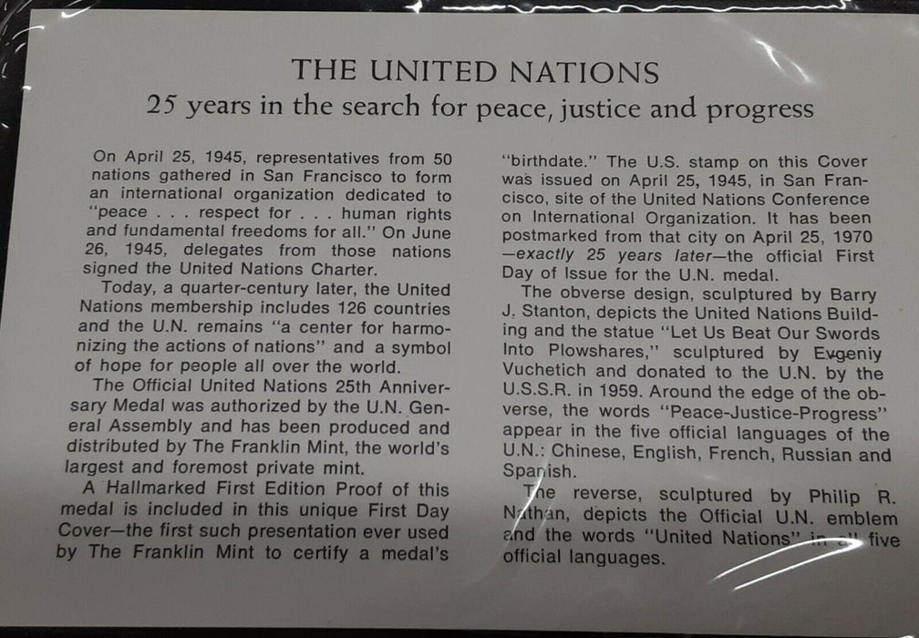 Franklin Mint United Nations 25th Ann Sterling Silver Medal in FDC & Folder