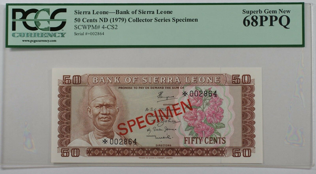 (1979) Sierra Leone 50 Cents Specimen Note SCWPM# 4-CS2 PCGS 68 PPQ Superb Gem