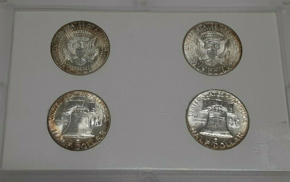 1963-64 The Last Franklin & 1st Kennedy US 90% Silver Half Dollar Set in Holder