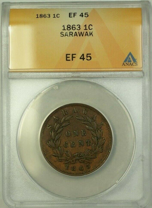 1863 Sarawak 1 Cent Coin ANACS EF 45