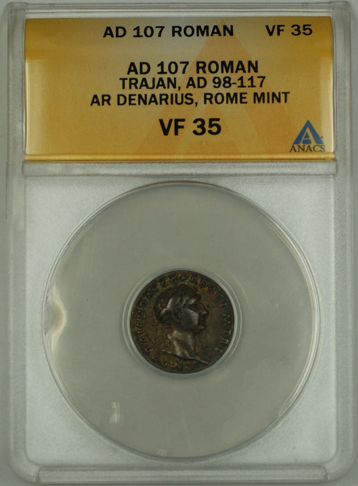AD 107 Ancient Roman Silver Denarius Coin Trajan Rome Mint ANACS VF-35 AKR