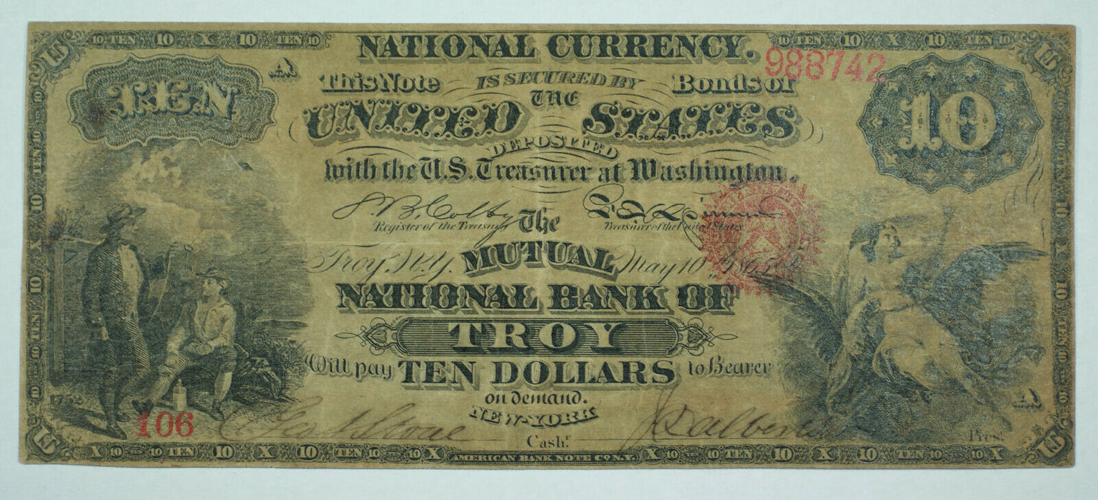 1865 Troy NY $10 Ten Dollar Bill National Currency CONTEMPORARY COUNTERFEIT
