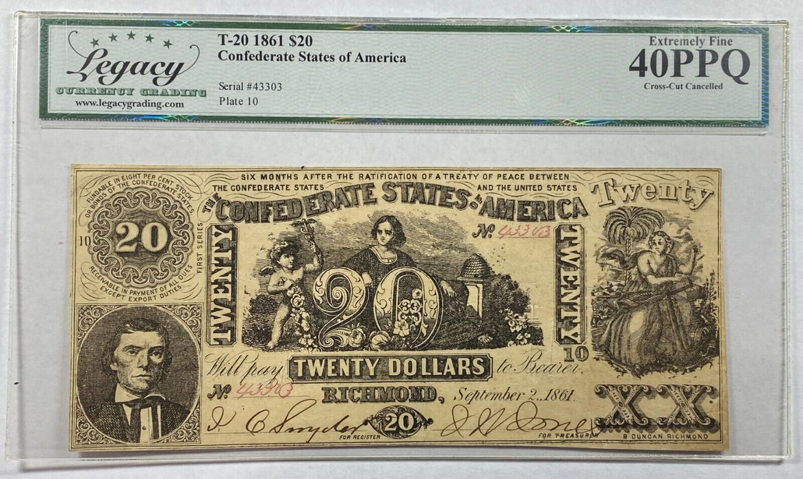 1861 $20 Twenty Dollar Bill Confederate Note T-20 Legacy Ex Fine 40PPQ Cancelled