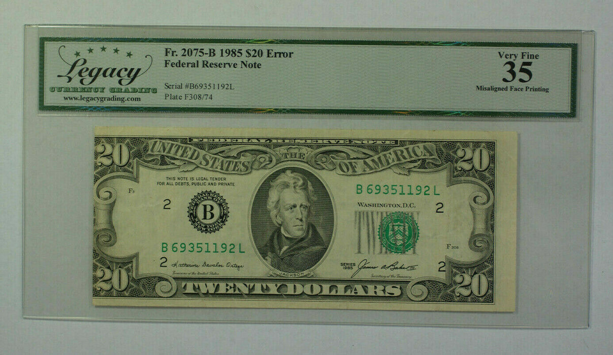 1985 $20 FRN Misaligned Error Ten Dollar Federal Reserve Legacy VF-35