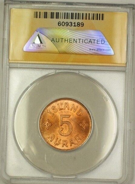 1942 Iceland 5A Five Aurar Copper ANACS MS-64 Red (Better Coin) (C)
