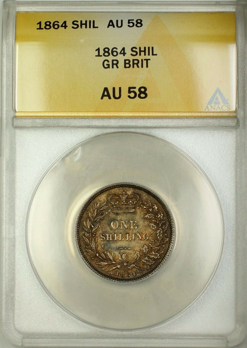 1864 Die 50 Great Britain 1S Shilling Silver Coin ANACS AU-58