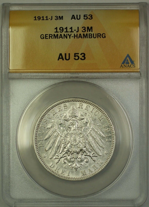 1911-J Germany-Hamburg 3M Three Marks Silver Coin ANACS AU-53