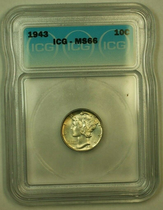 1943 Silver Mercury Dime 10c Coin ICG MS-66 (2B) Reverse Toned