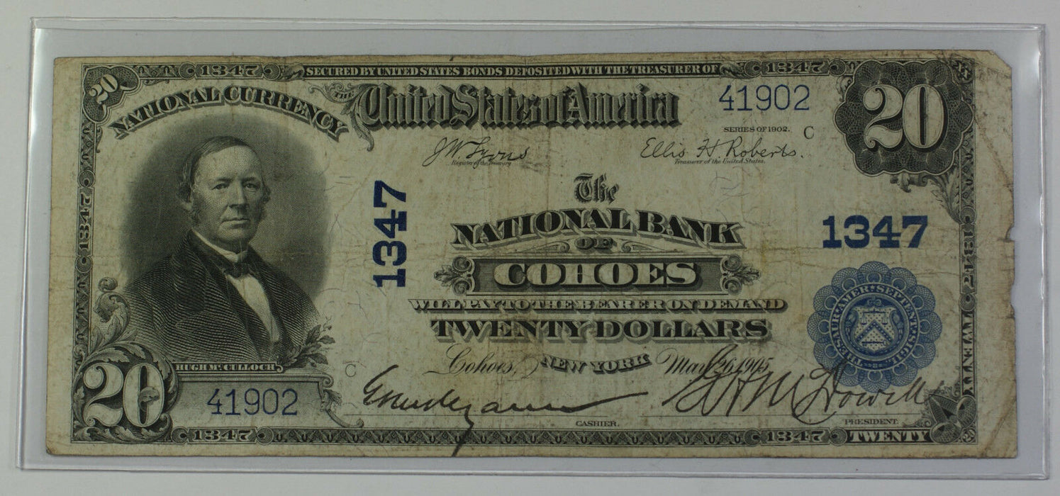 1902 Plain Back $20 National Currency Banknote Cohoes New York Charter # 1347