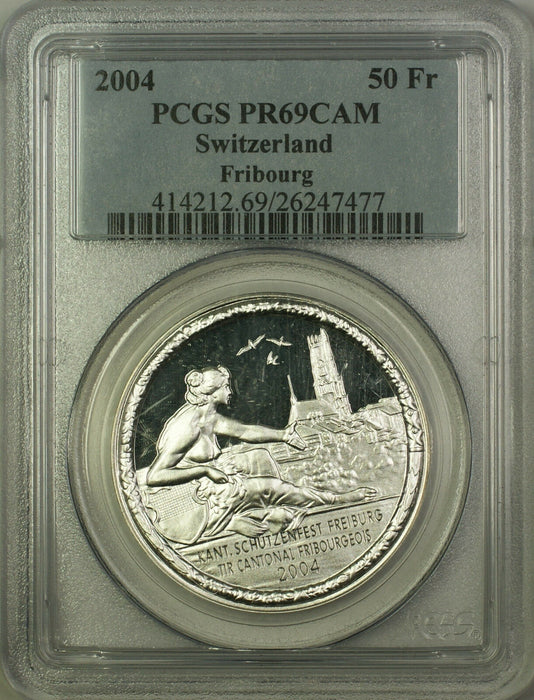 2004 Proof Fribourg Switzerland Silver 50F Shooting Thaler Coin PCGS PR-69 DCAM