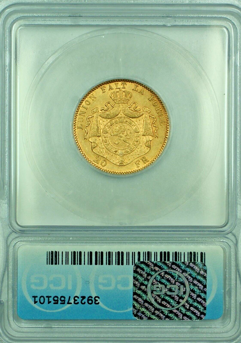 1877 Belgium 20 Francs Gold Coin ICG AU 58