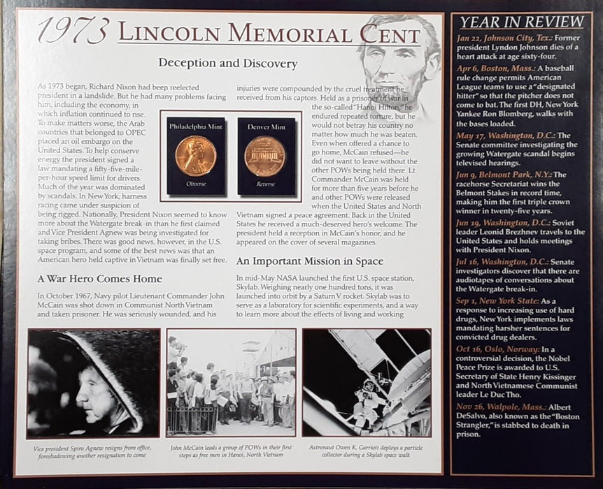 1973 Lincoln Cent / The Years Historic Events on Informative Card - See Photos