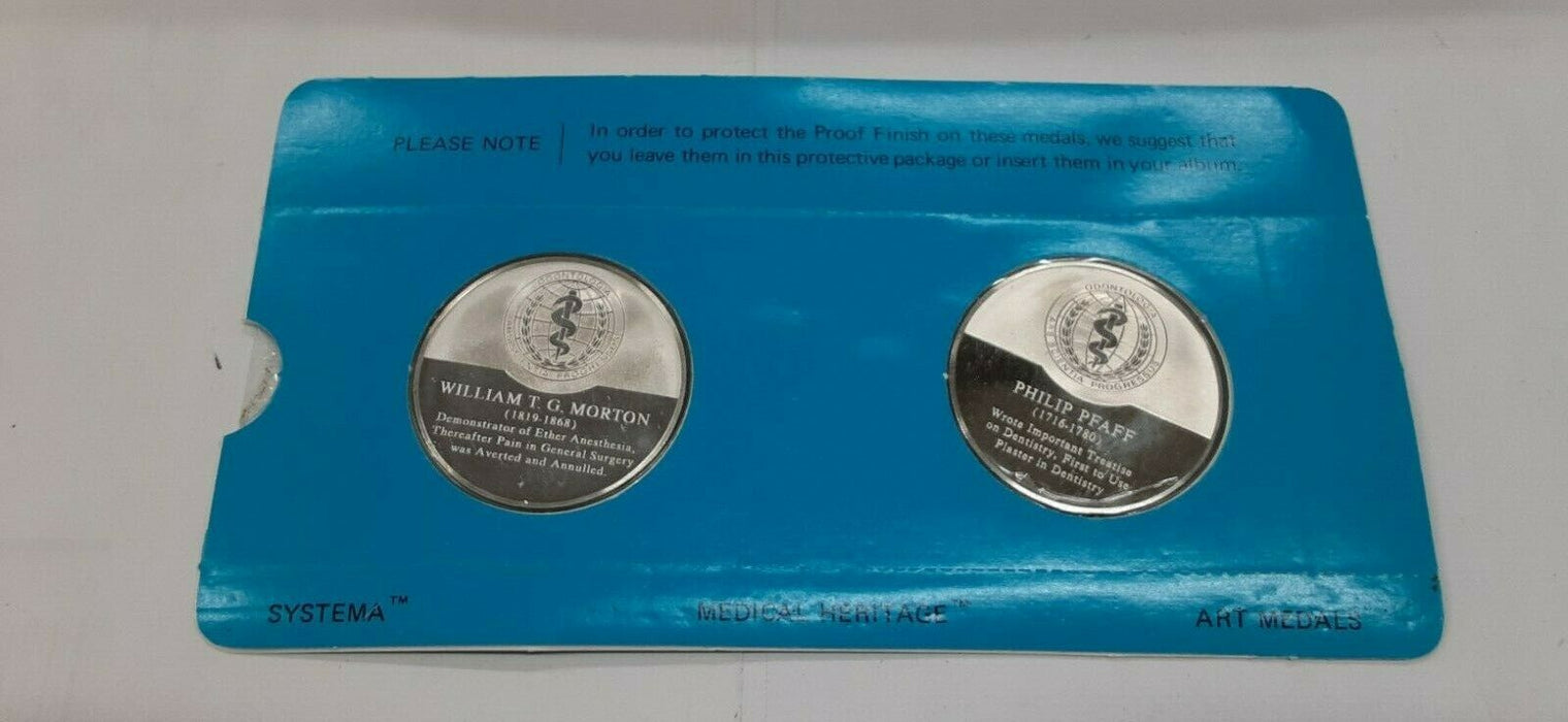 History of Dentistry .925 Silver PF Medals Franklin Mint- W.Morton/P.Pfaff