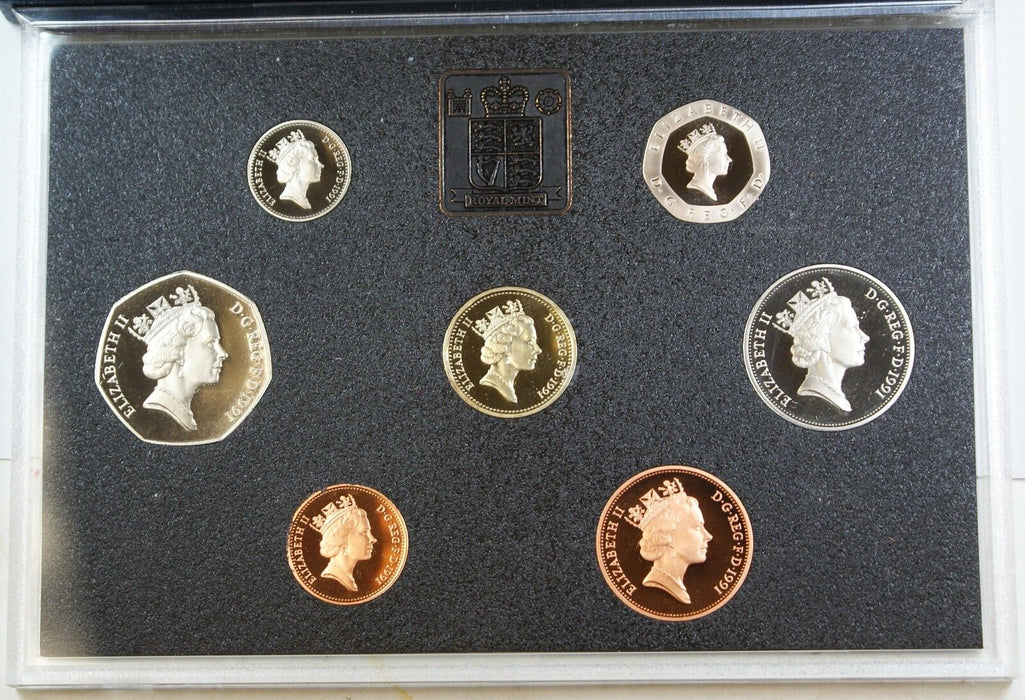 1991 United Kingdom Proof Set, GEM UK Coins, 7 Coins Total, With Box and COA