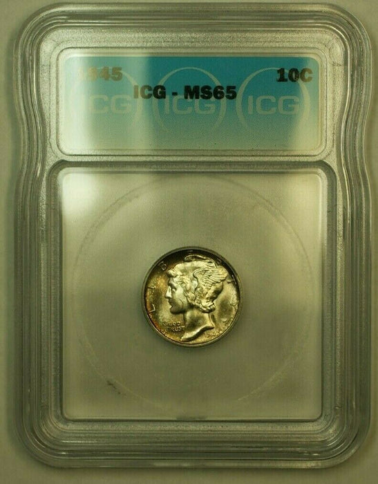 1945 Silver Mercury Dime 10c Coin ICG MS-65 KKK (Toned)
