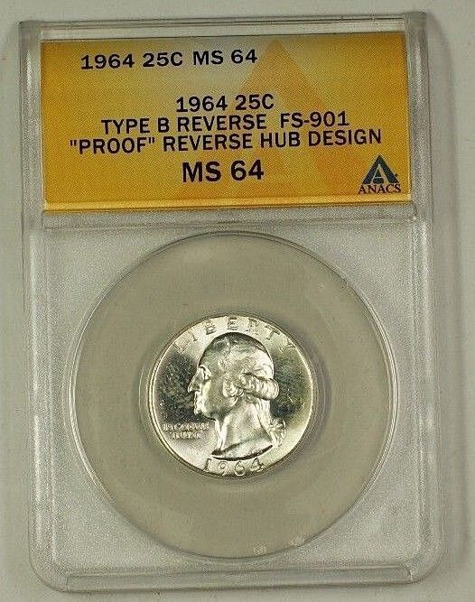 1964 Washington Silver Quarter Coin Type B Rev Hub Design FS-901 ANACS MS-64 B
