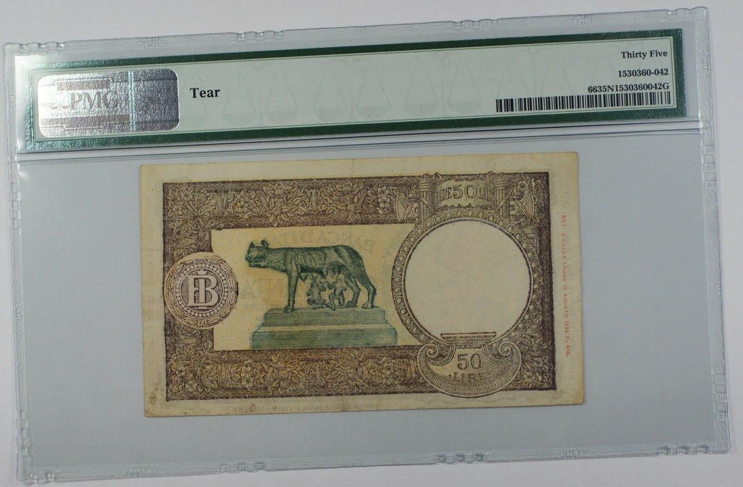 1943-44 Italy Banca d'Italia 50 Lire Note Pick# 66 PMG 35 Choice Very Fine Tear