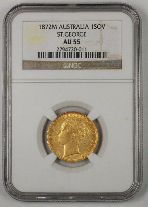 1872-M Australia One Sovereign Gold Coin St. George NGC AU-55