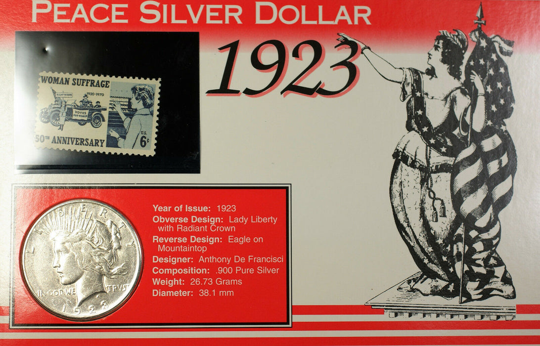1923-S Peace Silver Dollar Circulated Coin 6 Cent Suffrage Stamp & Fact Sheet