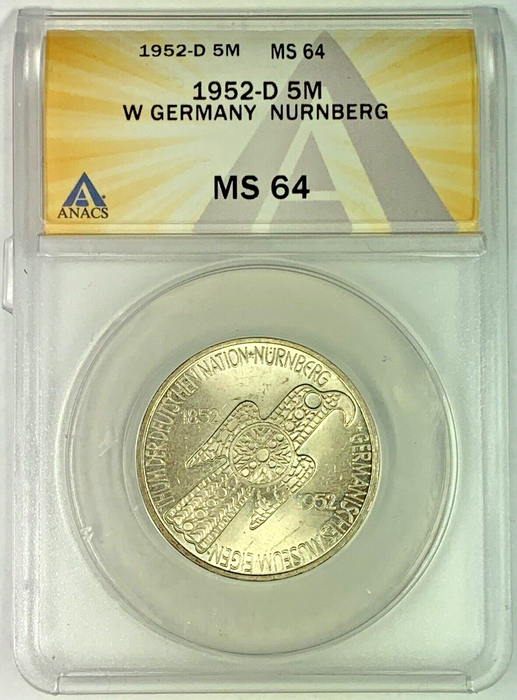 1952-D 5 Marks West Germany Nurnberg Coin ANACS MS 64