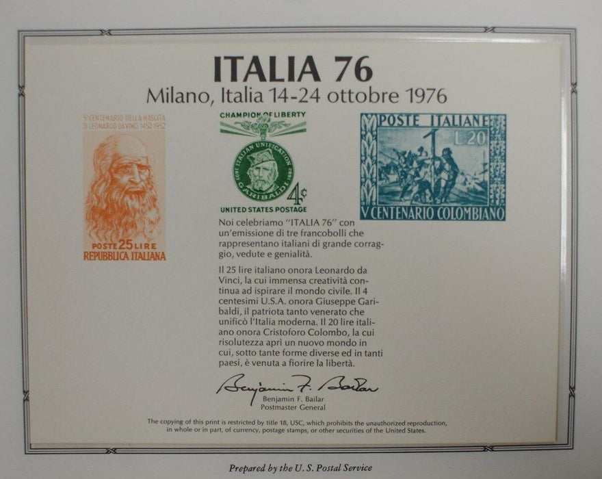 souvenir card PS 23 Italia 1976 1960 4¢ Garibaldi stamp