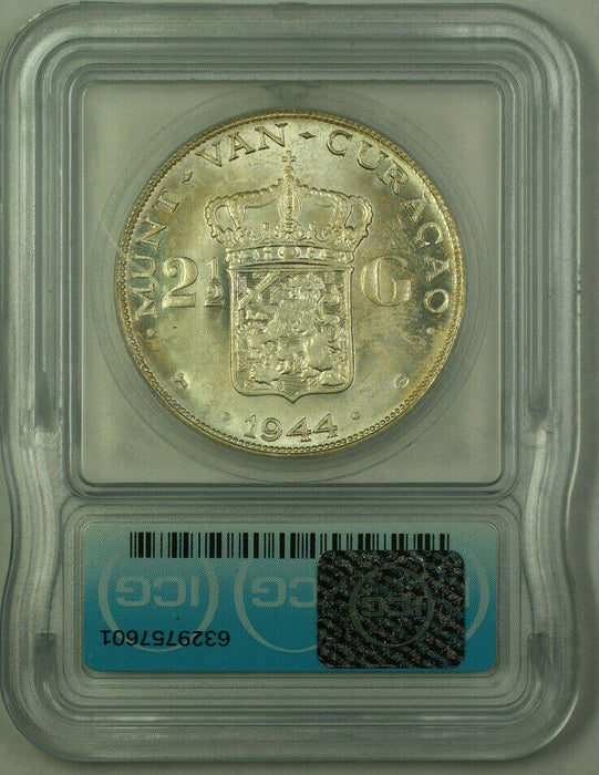 1944-D Curacao Wilhelmina Silver 2 1/2 Gulden ICG MS-66 KM#46