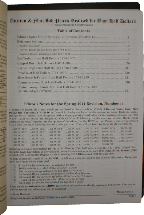 Spring 2014 #44 S. J. Herrman Auction & Mail Bid Prices Realized for Bust Halves