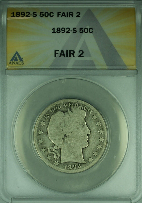 1892-S Barber Silver Half Dollar 50c Coin ANACS FAIR-2  (44)